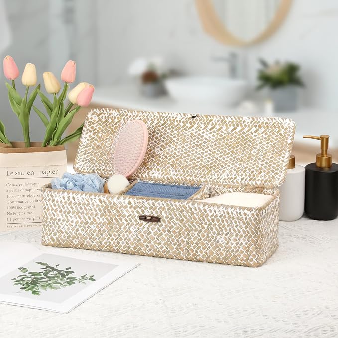 Hipiwe Storage Basket with Lid 3 Sections Handwoven Seagrass Basket Rectangular - Image 2