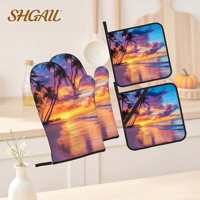 Palm Tree Seaside Pattern Oven Gloves and Hot Pads Set - Image 2