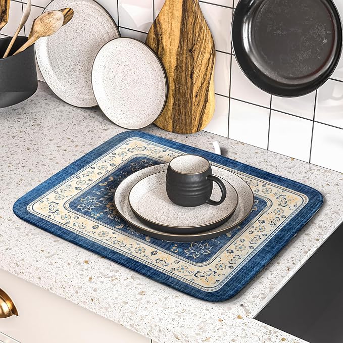 Blue Boho Dish Drying Mat for Kitchen Counter 16x18 Inch Fast Dry Drying Pad - Image 5