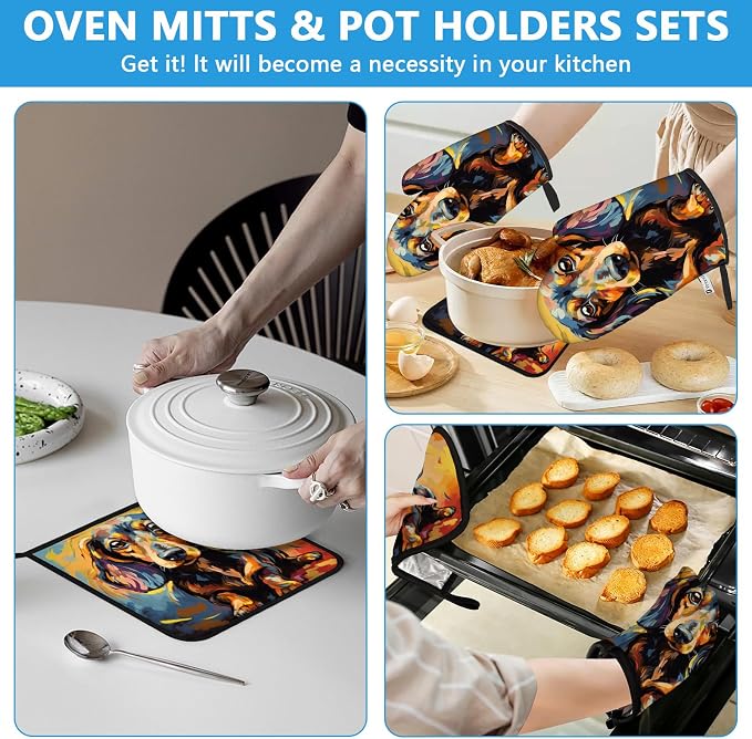 Watercolor Dog Oven Mitts and Pot Holders Sets Heat Resistant 4Pcs Potholders - Image 6