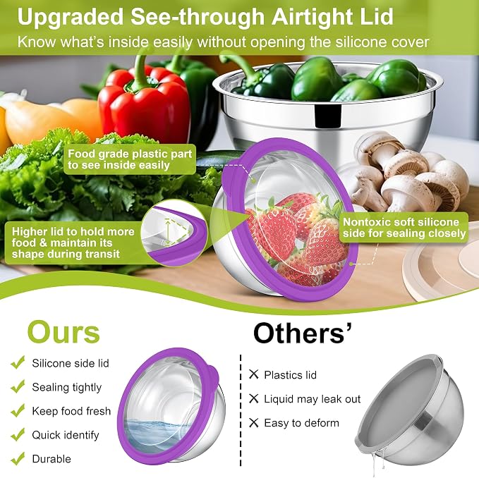 E-far Mixing Bowls with Lids Set of 5, Stainless Steel Salad Mixing Bowl with - Image 2