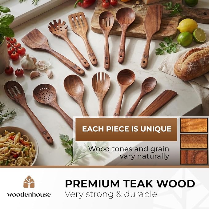 Wooden Spoons for Cooking – 13 Pcs Premium Teak Wooden Utensil Set - Image 2