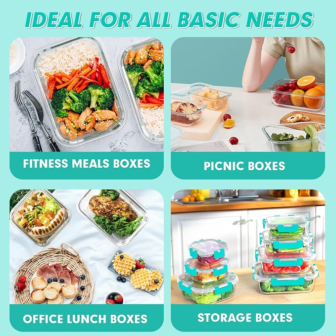 VERONES 30 Pieces Glass Meal Prep Containers Set, Stackable Glass Food Storage - Image 6