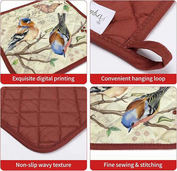 Vintage Bird Oven Mitts and Pot Holders Sets 2Pcs, 100% Cotton Heat Resistant - Image 3
