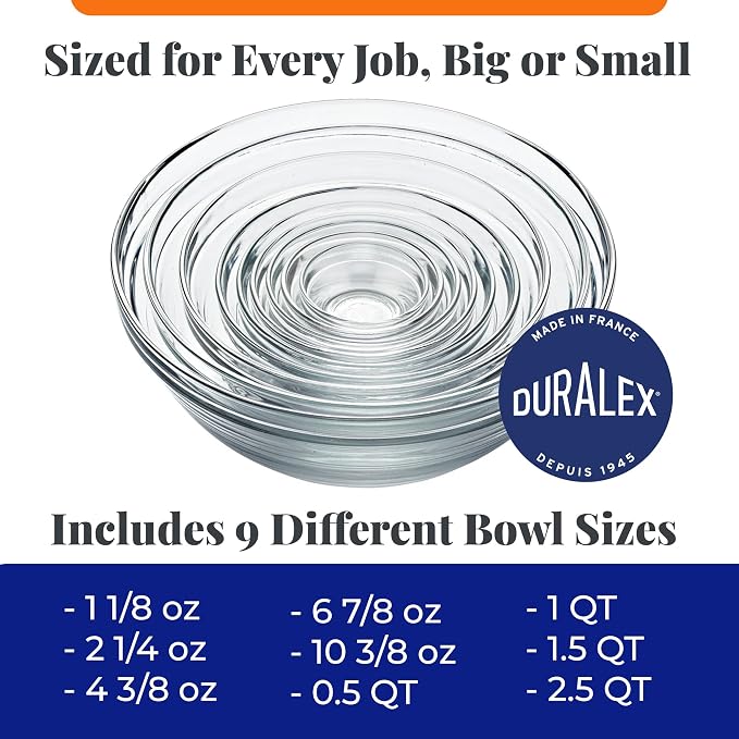 Duralex Le Gigogne Glass Mixing Bowl Set – 9-Piece Clear Stackable Prep Bowls - Image 7