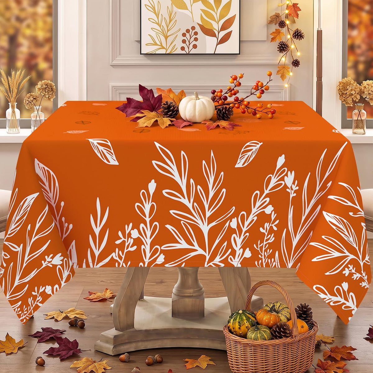 Orange Fall Tablecloth Square 52x52 Inch, Stain Resistant Washable