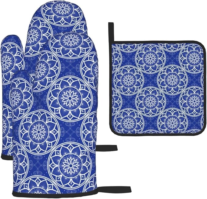 Chinoiserie Blue and White Floral Oven Mitts and Pot Holders Sets of 3 by Unknown