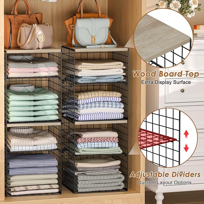 4-Tier Stackable Closet Organizers and Storage, Adjustable Dividers & Wood Top - Image 5