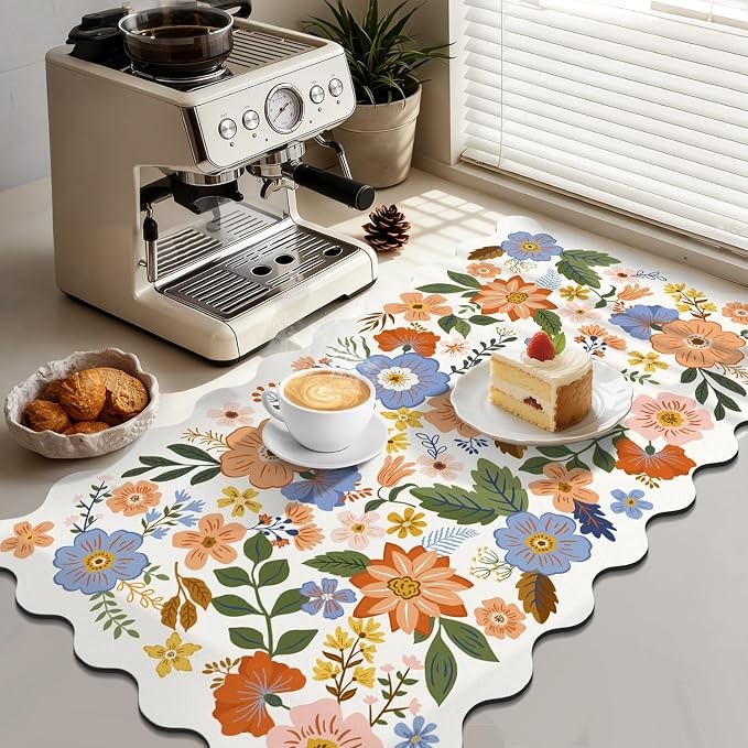LOKHOM Scalloped Floral Dish Drying Mat, Cuttable Hide Stain Non-slip Drying Mat - Image 4