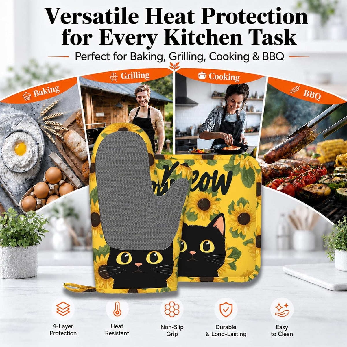 Cute Black Cat Oven Mitts and Pot Holders Sets Sunflower Non-Slip