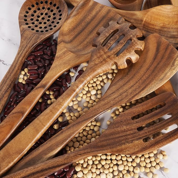Wooden Spoons for Cooking – 9 Pc Teak Wood Utensil Set, Nonstick Safe & Heat - Image 7