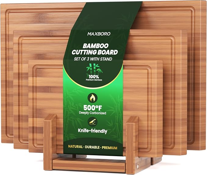 Bamboo Cutting Board Set of 3, Durable Wooden Chopping Boards by Maxboro