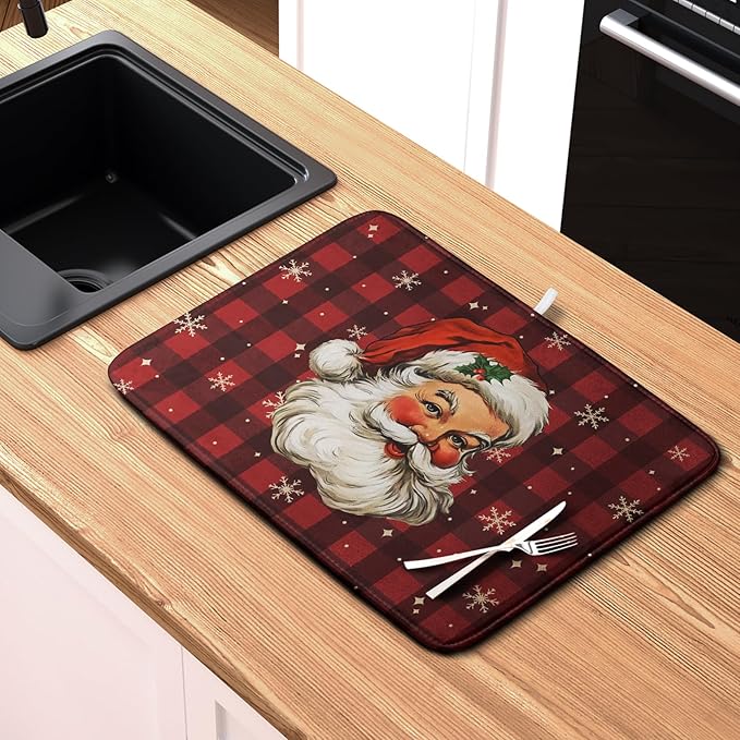 Santa Claus Christmas Dish Drying Mat Xmas Red and Black Buffalo Plaid - Image 6