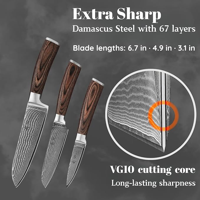 Wakoli EDIB 3-Piece Damascus Kitchen Knife Set in Wooden Gift Box, Razor Sharp - Image 7
