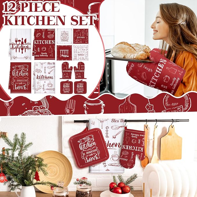 Bencailor 12 Pcs Farmhouse Kitchen Decor and Accessories Sets 4 Red Kitchen - Image 2