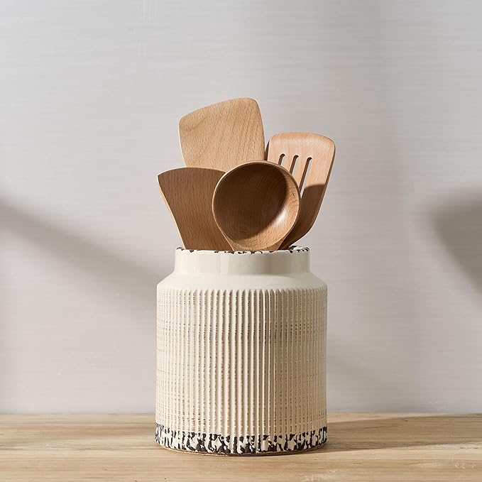 JIEMEI HOME Kitchen Utensil Holder, 6.77" Ceramic Farmhouse Stable Utensil Crock by JHJIEMEIHOME