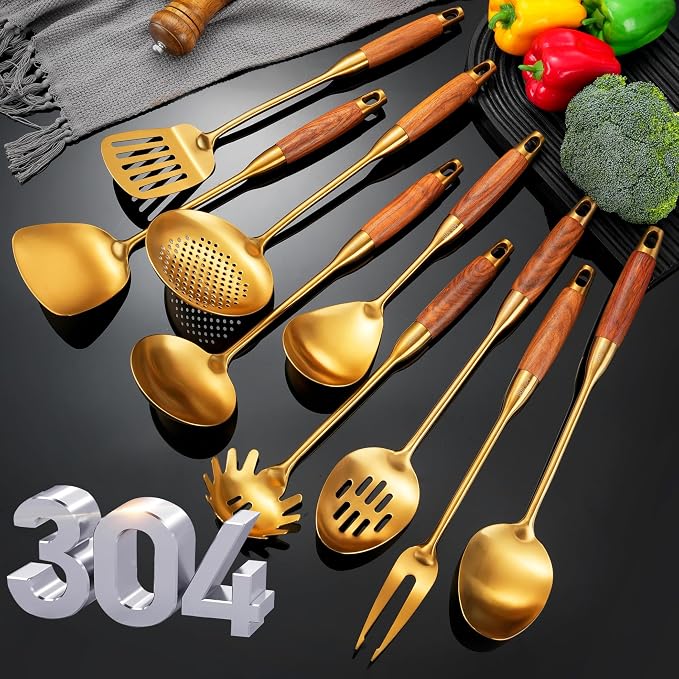 Gold Kitchen Utensils Set, Solid and Slotted Spoon, Slotted Tunner, Spaghetti - Image 7