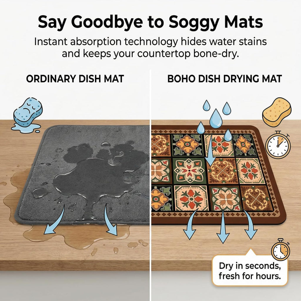 Boho Dish Drying Mat for Kitchen Counter - Super Absorbent Faux