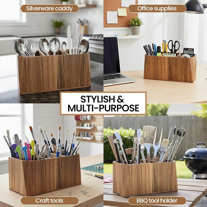 Large Kitchen Utensil Holder for Countertop – Acacia Wood Utensil Organizer - Image 5