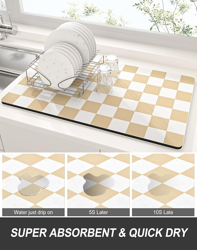 Rnivvi Dish Drying Mat for Kitchen Counter, 12 x 19" Cute Checkered Absorbent - Image 3
