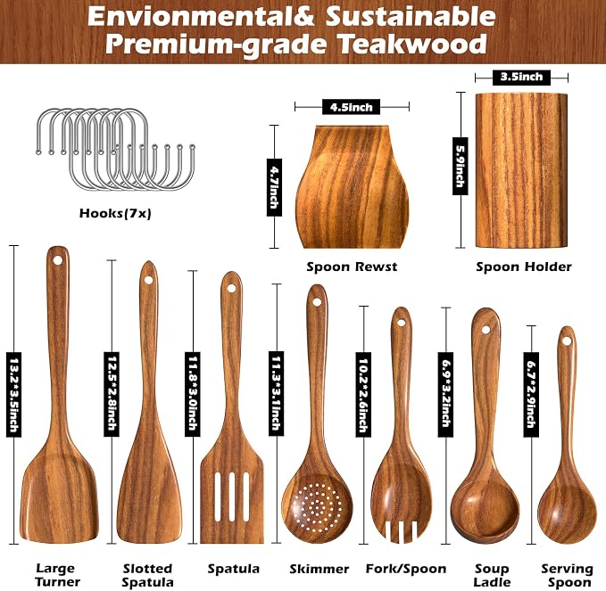 Natural Teak Kitchen Cooking Utensil Set - Image 2