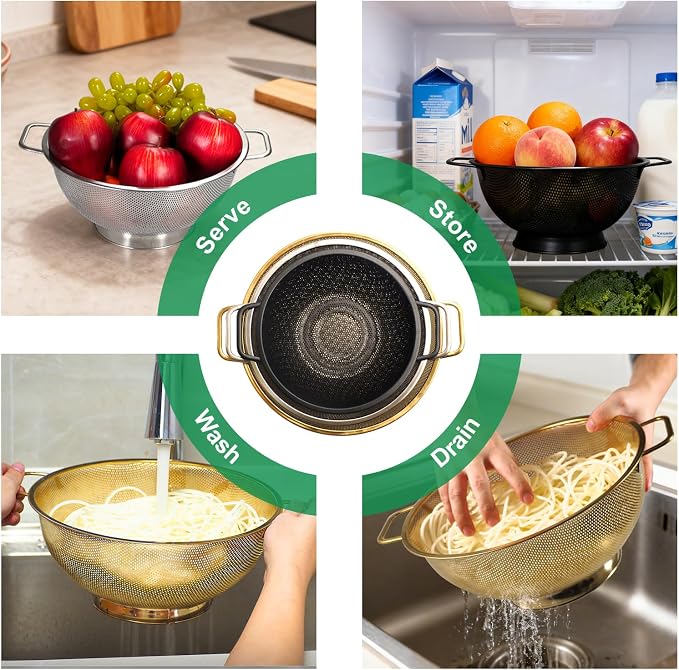 3PCS Three Colors Mix Colander Set, 3QT Black & 4QT Silver & 5QT Gold, - Image 5