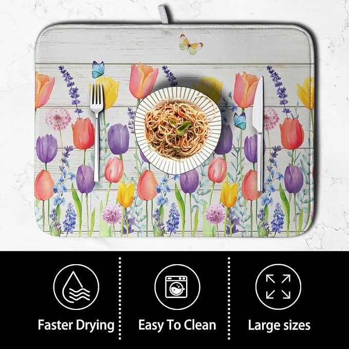 Tulip Floral Dish Drying Mat for Kitchen Counter Watercolor Spring Flower Dish - Image 4