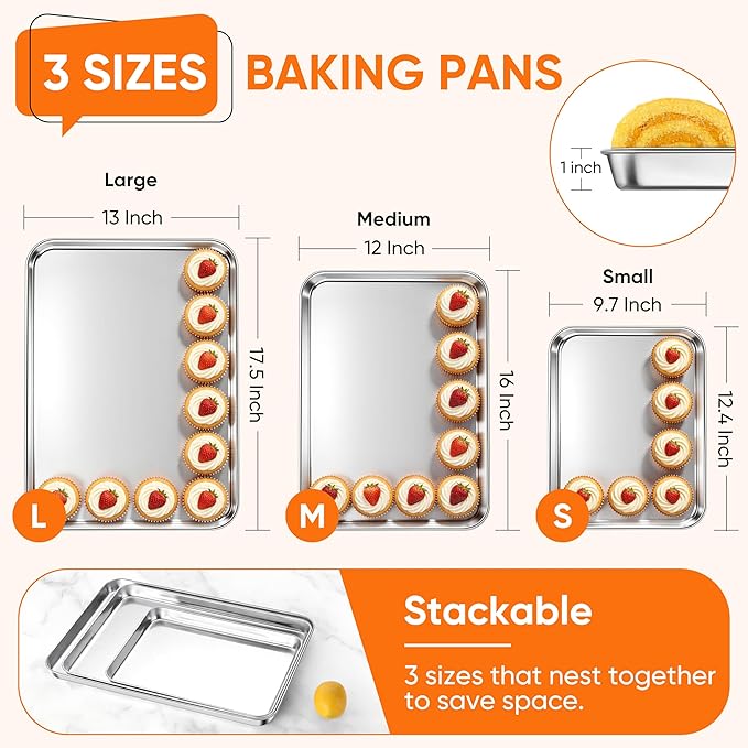 LIANYU Baking Sheet Pans Set of 3, Stainless Steel Cookie Sheets - Image 2