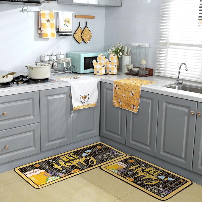 Fourluoo 10 Pcs Bee Themed Kitchen Decor Set Dish Towels Kitchen Rugs Oven - Image 6