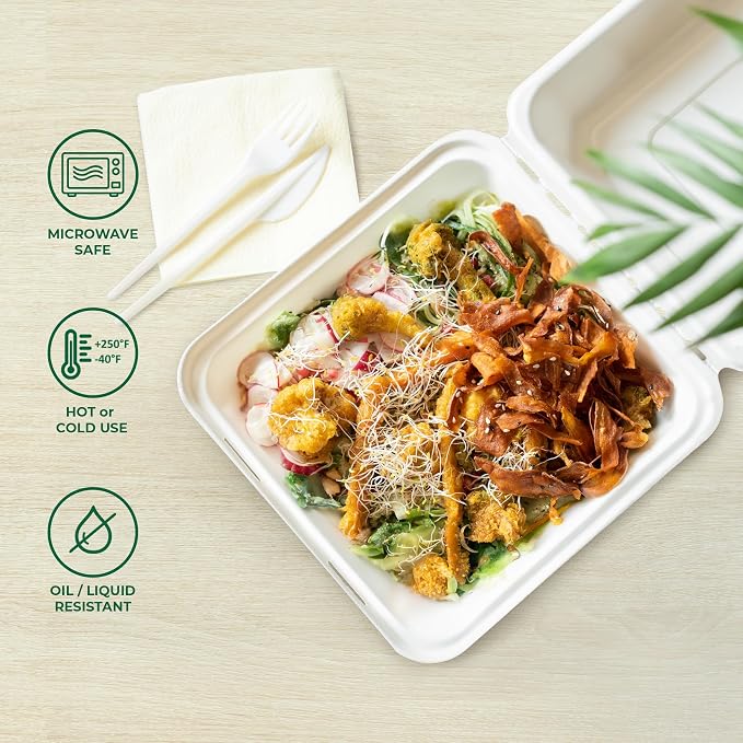 Freshware Compostable 9x9" Clamshell Take Out Food Containers - Image 4
