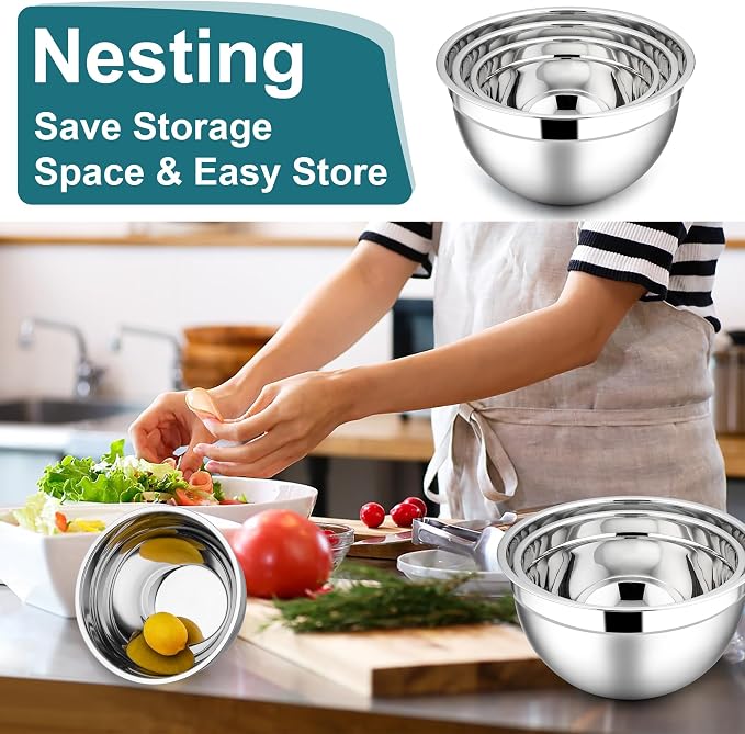 E-far Mixing Bowls with Lids, 6-Piece Stainless Steel Salad Bowls Metal Nesting - Image 5