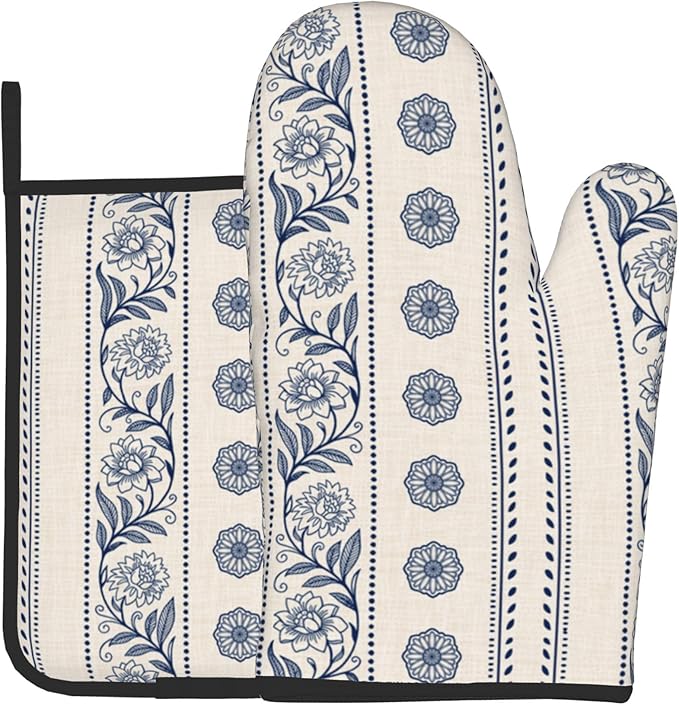 Boho Oven Mitts Set – Vintage Floral Pot Holders Kitchen Gloves by DZGlobal