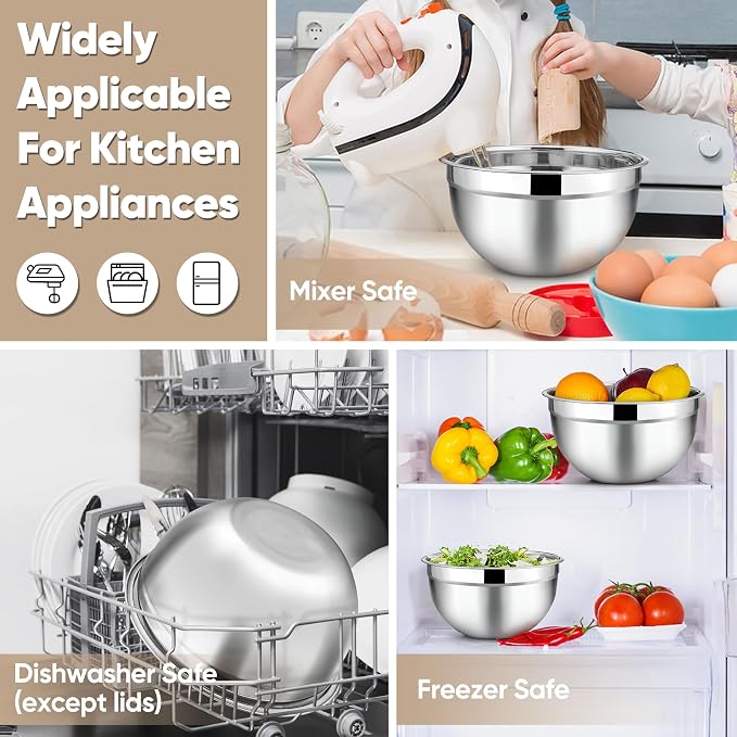 TeamFar Mixing Bowls, 4.5/3/1.5/1/0.7 QT, Stainless Steel Metal Nesting Salad - Image 7
