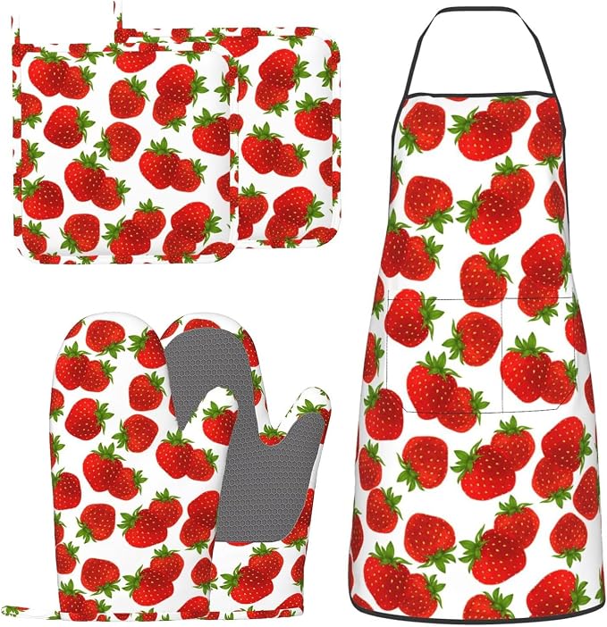 Cute Strawberry Oven Mitts Strawberries Pot Holders Cooking Apron Set of 5 by Unknown