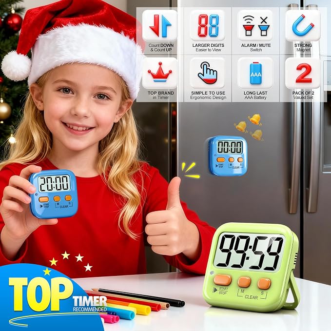 Antonki 2 Pack Digital Timer for Kids, Magnetic Countdown Kitchen Timers for - Image 3