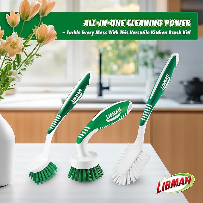 Libman Green & White Cleaning Brush Kit, 3-Piece Set, All-Purpose Brushes - Image 2