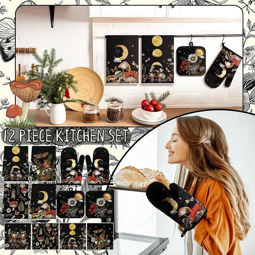 12 Pcs Black Witchy Kitchen Decor Set 4 Mushroom Kitchentowels 4 Absorbent - Image 2