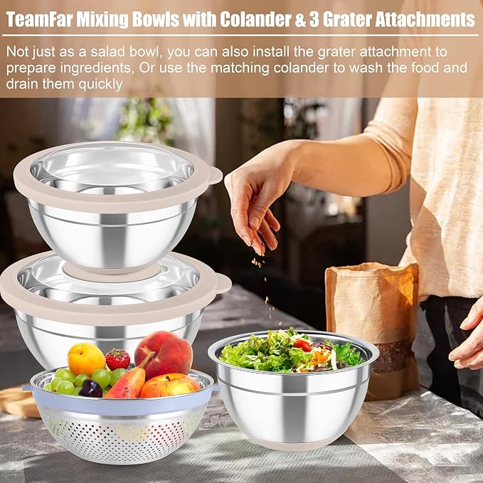 TeamFar Mixing Bowls with Colander Set, Stainless Steel Strainer and Nesting - Image 6