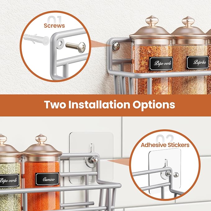 Mystozer 5 Pack Spice Rack Seasoning Organizer Wall Mount, Screw or Adhesive - Image 4