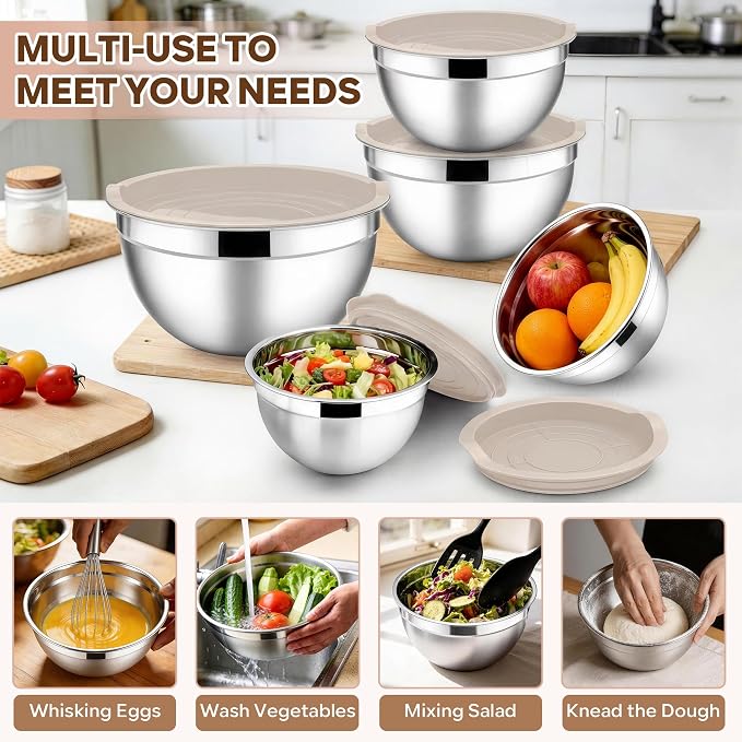 E-far Mixing Bowls With Lids Sets of 5, 10-Piece Stainless Steel Salad Metal - Image 5