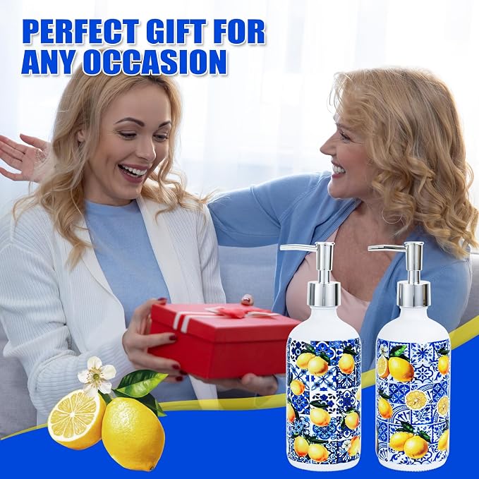 2 Pcs Blue Tiles Lemon Soap Dispenser Blue Tile Yellow Capri Lemon Glass - Image 6