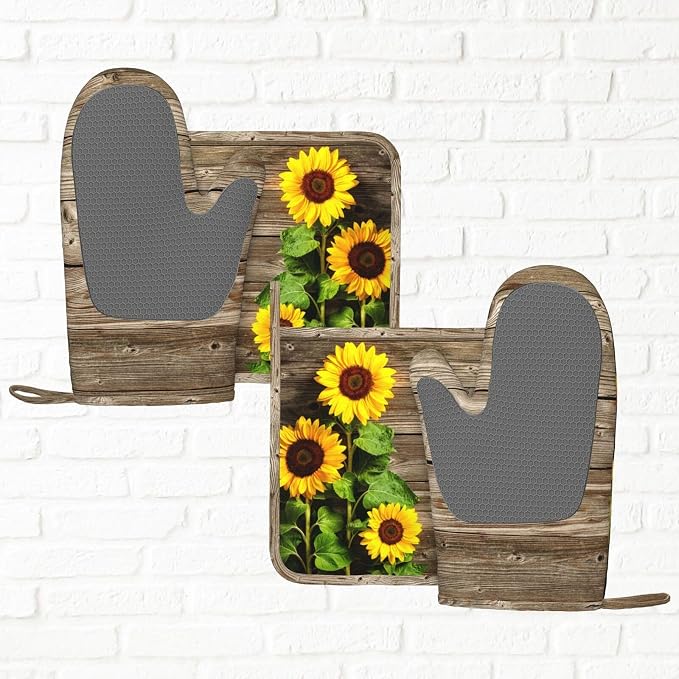 Sunflower Wooden Retro Oven Mitts and Pot Holders Sets of 4, Heat Resistant - Image 6