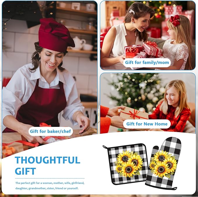 Sunflower Oven Mitts and Pot Holders Sets Heat Resistant 4Pcs Black White - Image 7