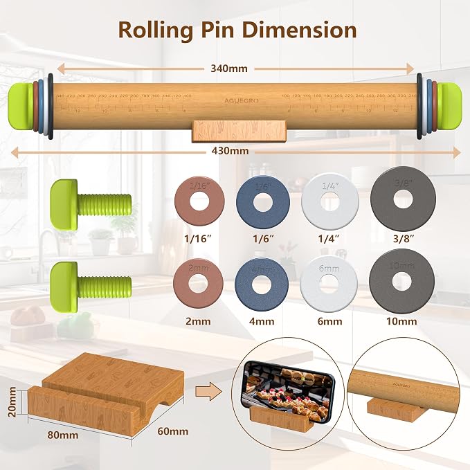 Rolling Pin with Adjustable Thickness Rings and Pastry Baking Mat Dough - Image 3