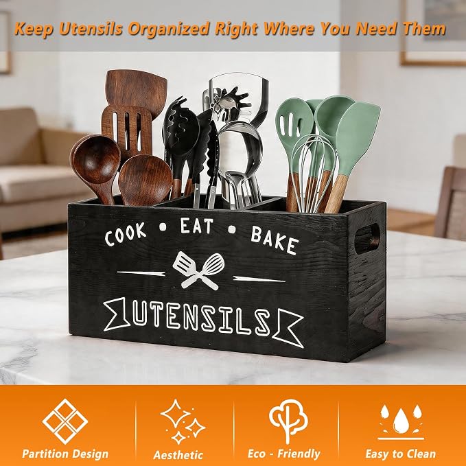 Large and Durable Wooden Kitchen Utensil Holder - Image 4