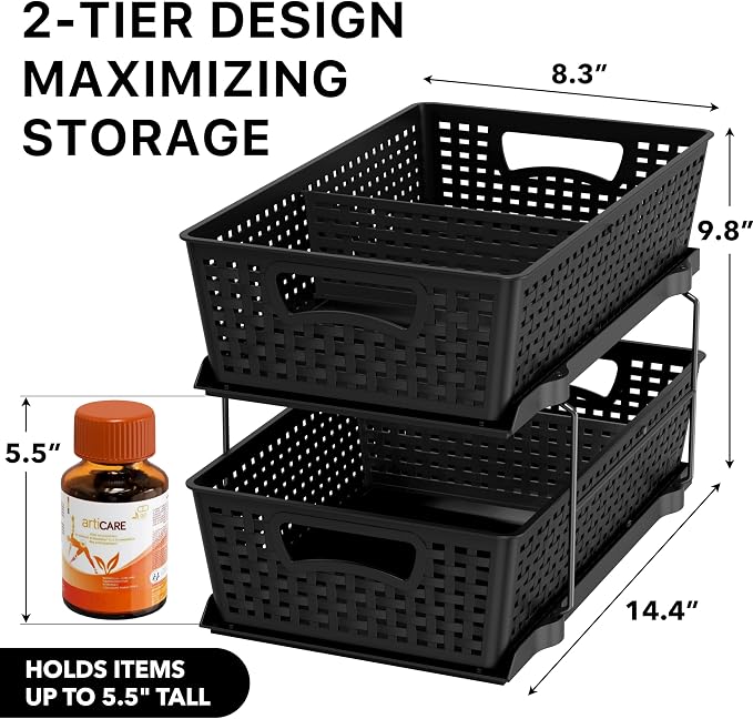 Simple Houseware 2 Tier Bathroom Organizer Tray Pull-Out Sliding Drawer - Image 2