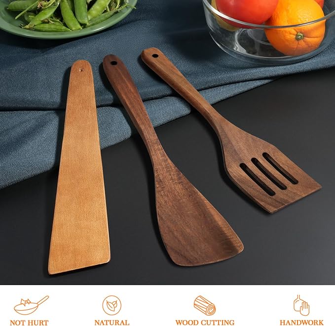 3Pcs Wooden Spatulas, Acacia Wood 12inch Long Handle Flat Frying Turner - Image 2