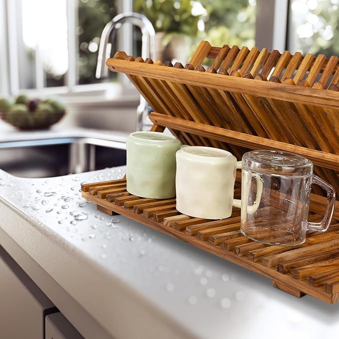 Utoplike Large Teak Dish Drying Rack, Wooden 3 Tier Collapsible Dish Draine - Image 3