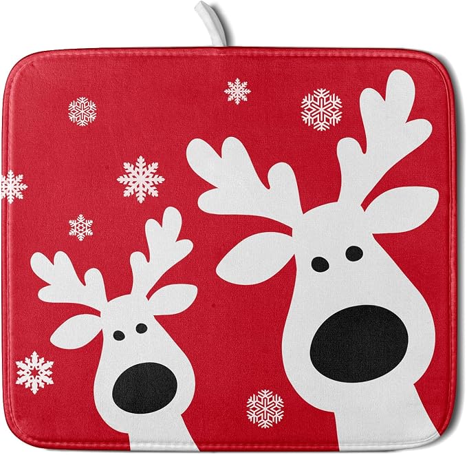 Xmas Dish Drying Mat for Kitchen Counter Cute Reindeer Holiday Snowflake by Unknown