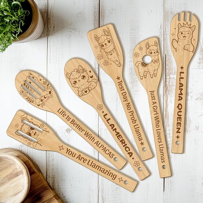 CUTHOLLOW 6PCS Alpacas Wooden Kitchen Cooking Utensil Set, 11.9in Non Toxic by CUTHOLLOW